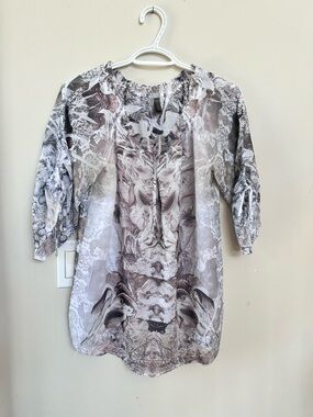 Denver Hayes Semi Sheer Floral-Paisley Print Blouse in Taupe and Gray